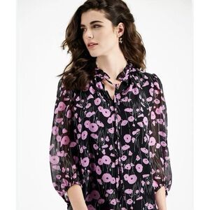 BAR III Women's XXS Black & Pink Orchid Floral Chiffon 3/4 Sleeve Tie Neck Top